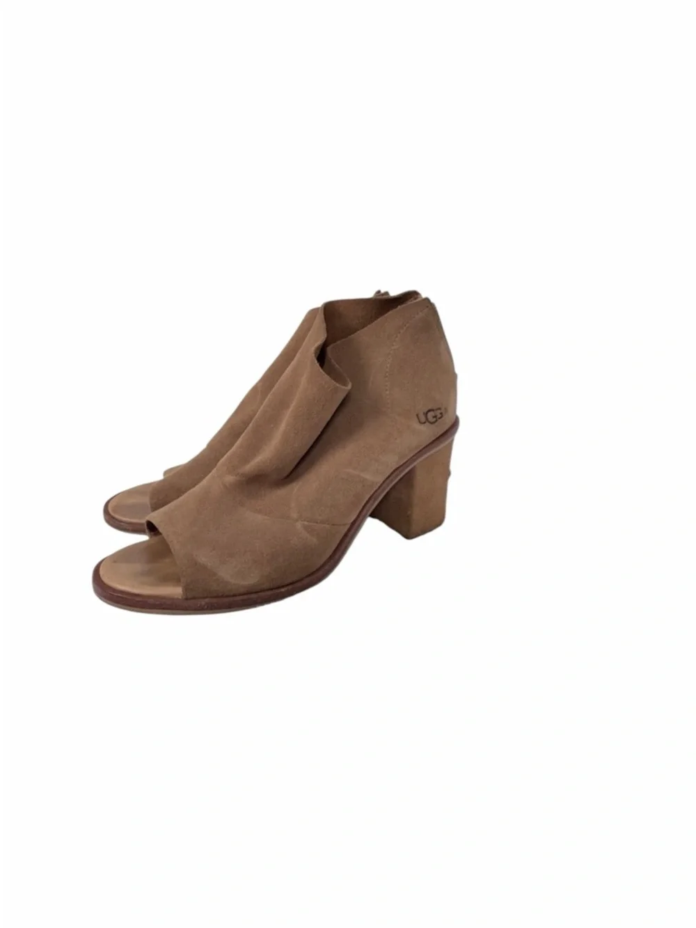 UGG Australia Suede Open Toe Booties Heels Brown Size 7.5 Block Heel Ankle Boots - Picture 16 of 16